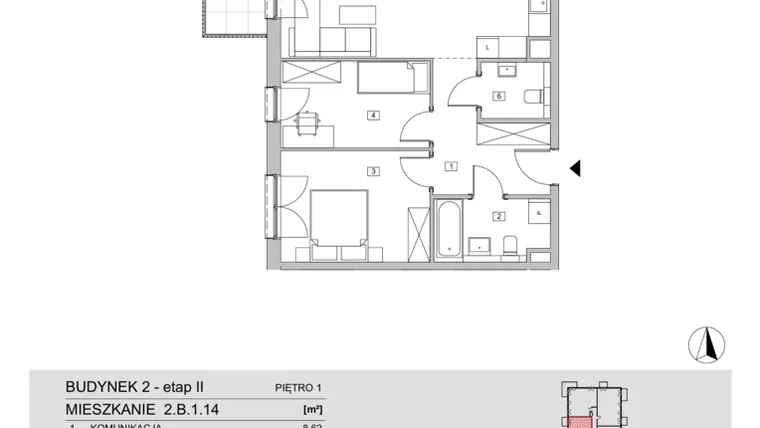 Rzut - Mieszkanie na sprzedaż 3 pokoje o powierzchni 65,6 m² - numer 2.B.1.14 w ATAL Apollina II