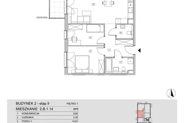 Rzut - Mieszkanie na sprzedaż 3 pokoje o powierzchni 65,61 m² - numer 2.B.1.14 w ATAL Apollina II