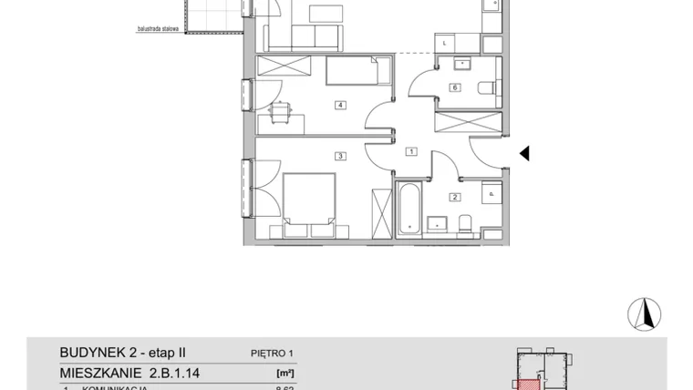 Rzut - Mieszkanie na sprzedaż 3 pokoje o powierzchni 65,61 m² - numer 2.B.1.14 w ATAL Apollina II