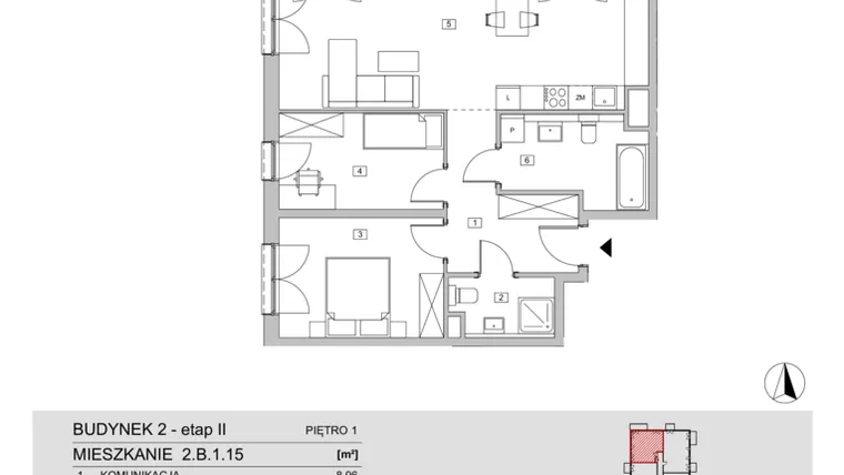 Rzut - Mieszkanie na sprzedaż 3 pokoje o powierzchni 73,49 m² - numer 2.B.1.15 w ATAL Apollina II