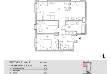 Rzut - Mieszkanie na sprzedaż 3 pokoje o powierzchni 73,37 m² - numer 2.B.1.15 w ATAL Apollina II
