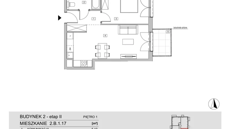 Rzut - Mieszkanie na sprzedaż 2 pokoje o powierzchni 45,96 m² - numer 2.B.1.17 w ATAL Apollina II