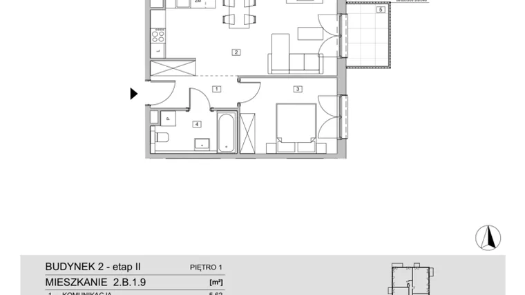 Rzut - Mieszkanie na sprzedaż 2 pokoje o powierzchni 45,92 m² - numer 2.B.1.9 w ATAL Apollina II