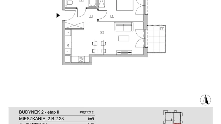 Rzut - Mieszkanie na sprzedaż 2 pokoje o powierzchni 46,16 m² - numer 2.B.2.28 w ATAL Apollina II