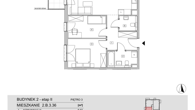 Rzut - Mieszkanie na sprzedaż 3 pokoje o powierzchni 65,7 m² - numer 2.B.3.36 w ATAL Apollina II