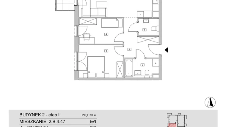 Rzut - Mieszkanie na sprzedaż 3 pokoje o powierzchni 65,6 m² - numer 2.B.4.47 w ATAL Apollina II