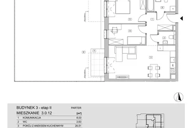 Rzut - Mieszkanie na sprzedaż 3 pokoje o powierzchni 64,02 m² - numer 3.0.12 w ATAL Apollina II