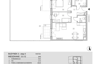 Rzut - Mieszkanie na sprzedaż 3 pokoje o powierzchni 64,11 m² - numer 3.0.12 w ATAL Apollina II