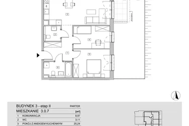 Rzut - Mieszkanie na sprzedaż 3 pokoje o powierzchni 65,71 m² - numer 3.0.7 w ATAL Apollina II
