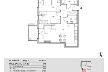 Rzut - Mieszkanie na sprzedaż 3 pokoje o powierzchni 68,02 m² - numer 3.1.13 w ATAL Apollina II