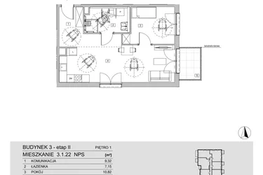 Rzut - Mieszkanie na sprzedaż 2 pokoje o powierzchni 53,27 m² - numer 3.1.22 w ATAL Apollina II