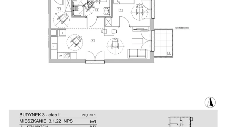 Rzut - Mieszkanie na sprzedaż 2 pokoje o powierzchni 53,27 m² - numer 3.1.22 w ATAL Apollina II