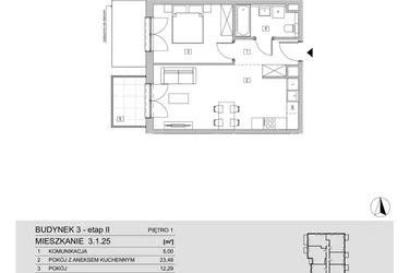 Rzut - Mieszkanie na sprzedaż 2 pokoje o powierzchni 45,98 m² - numer 3.1.25 w ATAL Apollina II