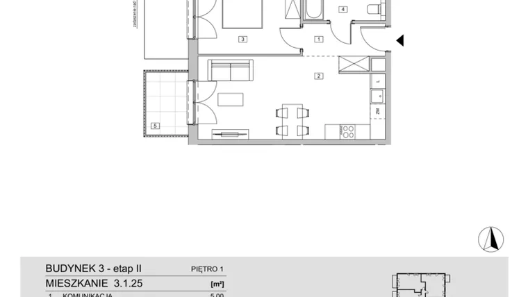 Rzut - Mieszkanie na sprzedaż 2 pokoje o powierzchni 45,98 m² - numer 3.1.25 w ATAL Apollina II