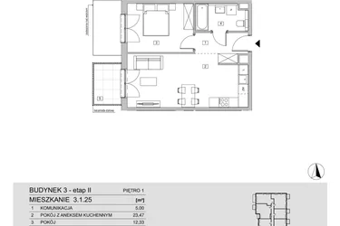 Rzut - Mieszkanie na sprzedaż 2 pokoje o powierzchni 46,08 m² - numer 3.1.25 w ATAL Apollina II