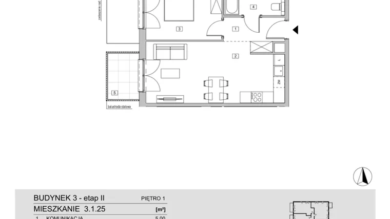 Rzut - Mieszkanie na sprzedaż 2 pokoje o powierzchni 46,08 m² - numer 3.1.25 w ATAL Apollina II