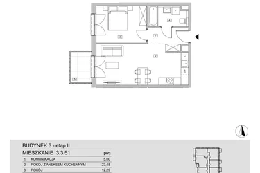 Rzut - Mieszkanie na sprzedaż 2 pokoje o powierzchni 45,98 m² - numer 3.3.51 w ATAL Apollina II