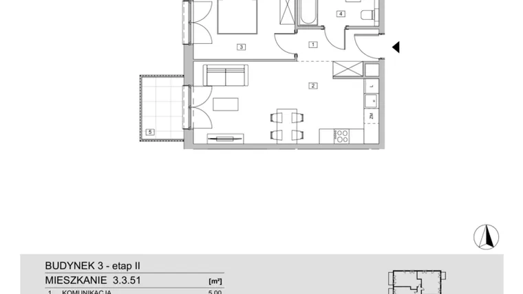 Rzut - Mieszkanie na sprzedaż 2 pokoje o powierzchni 45,98 m² - numer 3.3.51 w ATAL Apollina II