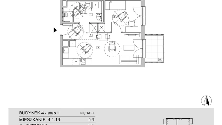Rzut - Mieszkanie na sprzedaż 2 pokoje o powierzchni 43,45 m² - numer 4.1.13 w ATAL Apollina II