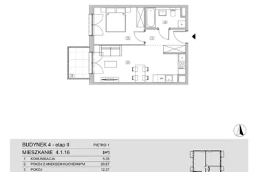 Rzut - Mieszkanie na sprzedaż 2 pokoje o powierzchni 43,43 m² - numer 4.1.16 w ATAL Apollina II