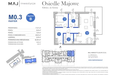Rzut - Mieszkanie na sprzedaż 3 pokoje o powierzchni 60,55 m² - numer M0.3 w Osiedle Majowe 2.0