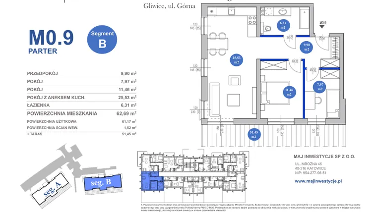 Rzut - Mieszkanie na sprzedaż 3 pokoje o powierzchni 61,17 m² - numer M0.9 w Osiedle Majowe 2.0