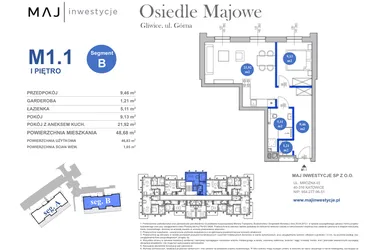 Rzut - Mieszkanie na sprzedaż 3 pokoje o powierzchni 46,83 m² - numer M1.1 w Osiedle Majowe 2.0
