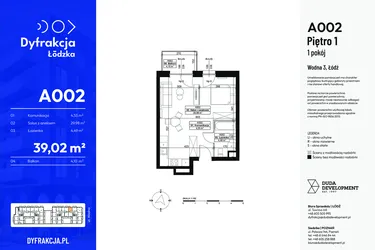 Rzut - Mieszkanie na sprzedaż 1 pokój o powierzchni 39,02 m² - numer A002 w Dyfrakcja Łódzka