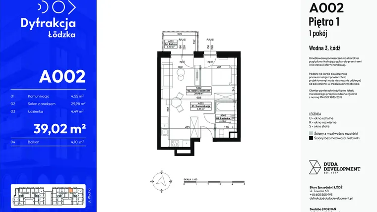 Rzut - Mieszkanie na sprzedaż 1 pokój o powierzchni 39,02 m² - numer A002 w Dyfrakcja Łódzka
