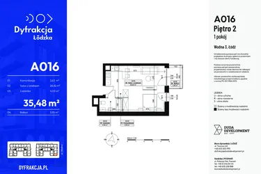 Rzut - Mieszkanie na sprzedaż 1 pokój o powierzchni 35,48 m² - numer A016 w Dyfrakcja Łódzka