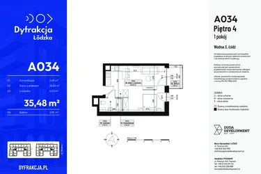 Rzut - Mieszkanie na sprzedaż 1 pokój o powierzchni 35,48 m² - numer A034 w Dyfrakcja Łódzka