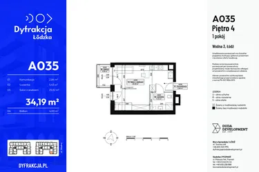 Rzut - Mieszkanie na sprzedaż 1 pokój o powierzchni 34,19 m² - numer A035 w Dyfrakcja Łódzka