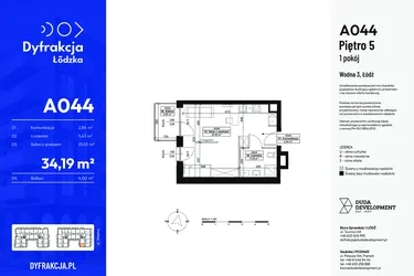 Rzut - Mieszkanie na sprzedaż 1 pokój o powierzchni 34,19 m² - numer A044 w Dyfrakcja Łódzka