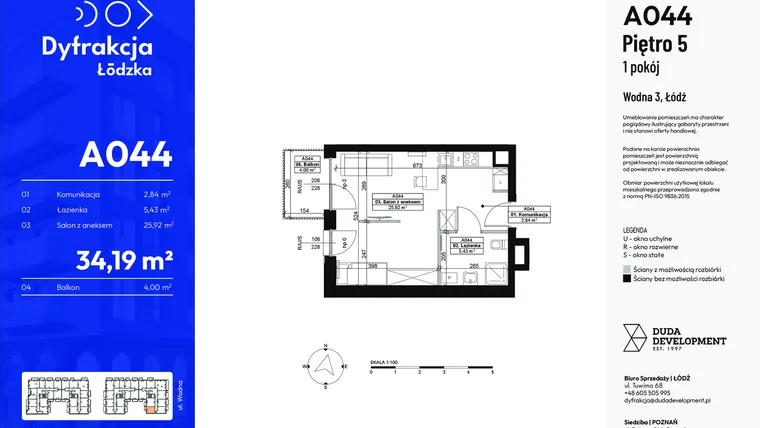 Rzut - Mieszkanie na sprzedaż 1 pokój o powierzchni 34,19 m² - numer A044 w Dyfrakcja Łódzka