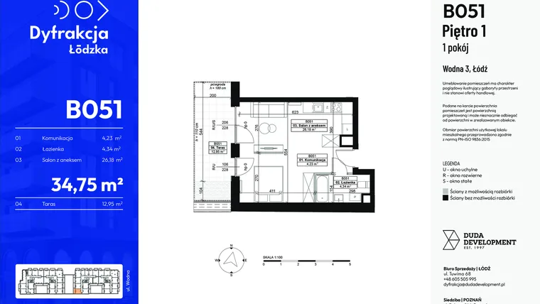Rzut - Mieszkanie na sprzedaż 1 pokój o powierzchni 34,75 m² - numer B051 w Dyfrakcja Łódzka
