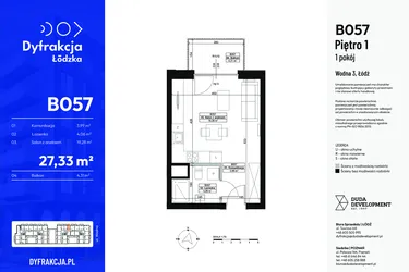 Rzut - Mieszkanie na sprzedaż 1 pokój o powierzchni 27,33 m² - numer B057 w Dyfrakcja Łódzka