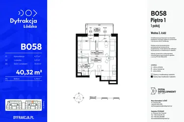 Rzut - Mieszkanie na sprzedaż 1 pokój o powierzchni 40,32 m² - numer B058 w Dyfrakcja Łódzka