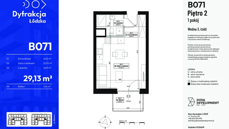 Rzut - Mieszkanie na sprzedaż 1 pokój o powierzchni 29,13 m² - numer B071 w Dyfrakcja Łódzka