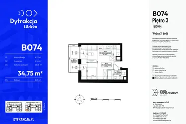 Rzut - Mieszkanie na sprzedaż 1 pokój o powierzchni 34,75 m² - numer B074 w Dyfrakcja Łódzka