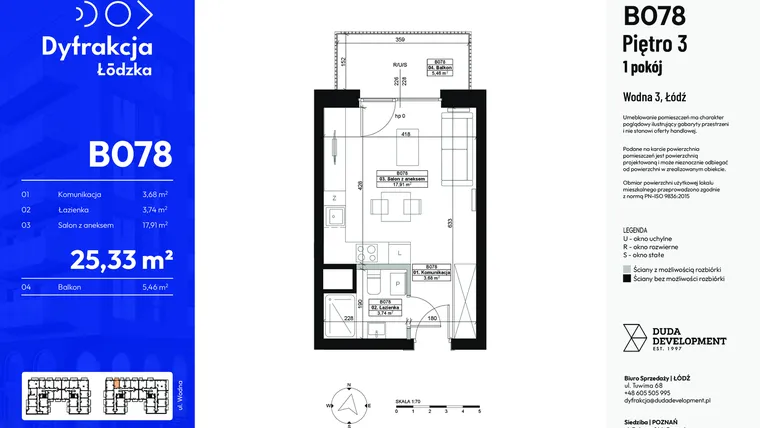 Rzut - Mieszkanie na sprzedaż 1 pokój o powierzchni 25,33 m² - numer B078 w Dyfrakcja Łódzka