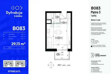 Rzut - Mieszkanie na sprzedaż 1 pokój o powierzchni 29,13 m² - numer B083 w Dyfrakcja Łódzka