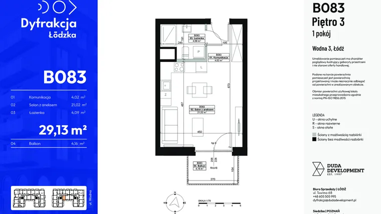 Rzut - Mieszkanie na sprzedaż 1 pokój o powierzchni 29,13 m² - numer B083 w Dyfrakcja Łódzka