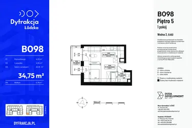Rzut - Mieszkanie na sprzedaż 1 pokój o powierzchni 34,75 m² - numer B098 w Dyfrakcja Łódzka
