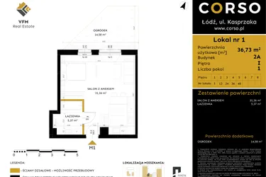 Rzut - Mieszkanie na sprzedaż 1 pokój o powierzchni 36,73 m² - numer 2A.1 w Corso etap 2