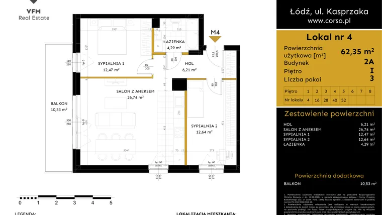 Rzut - Mieszkanie na sprzedaż 3 pokoje o powierzchni 62,35 m² - numer 2A.4 w Corso etap 2