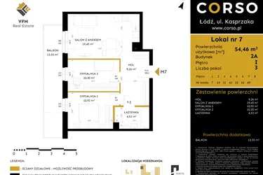 Rzut - Mieszkanie na sprzedaż 3 pokoje o powierzchni 54,46 m² - numer 2A.7 w Corso etap 2