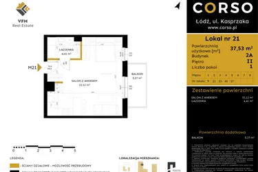 Rzut - Mieszkanie na sprzedaż 1 pokój o powierzchni 37,53 m² - numer 2A.21 w Corso etap 2