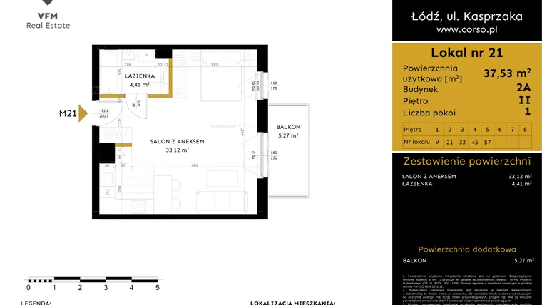 Rzut - Mieszkanie na sprzedaż 1 pokój o powierzchni 37,53 m² - numer 2A.21 w Corso etap 2