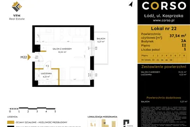 Rzut - Mieszkanie na sprzedaż 1 pokój o powierzchni 37,54 m² - numer 2A.22 w Corso etap 2
