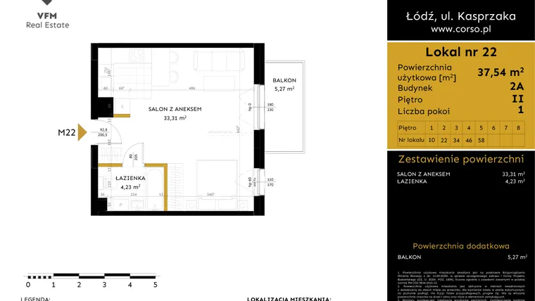 Rzut - Mieszkanie na sprzedaż 1 pokój o powierzchni 37,54 m² - numer 2A.22 w Corso etap 2